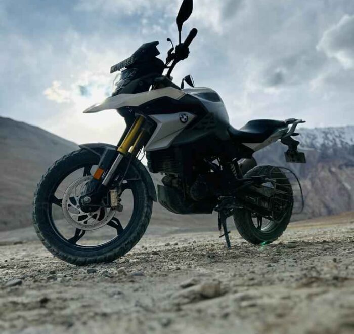Sleek BMW 310 GS bike against the majestic backdrop of Ladakh