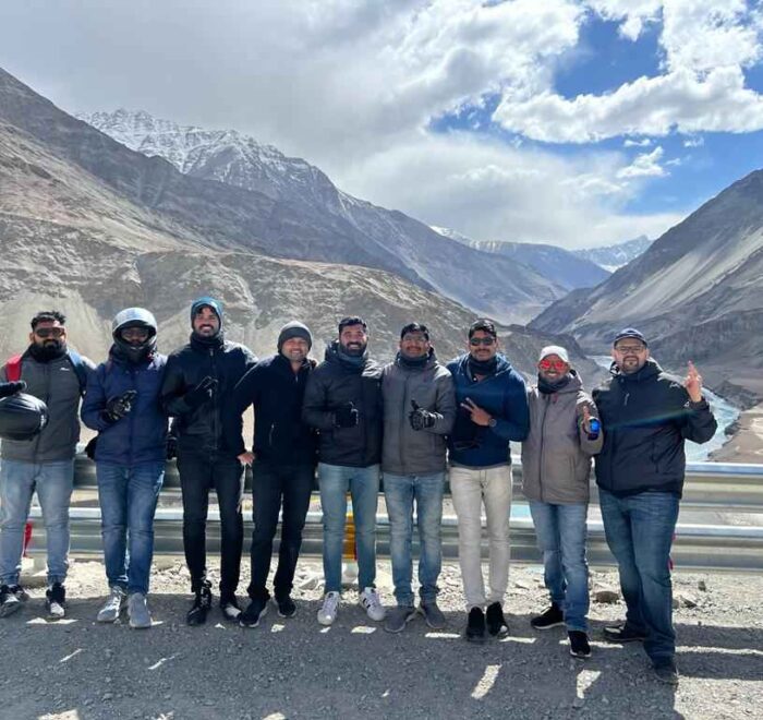 Group of bike riders at the confluence in Ladakh.